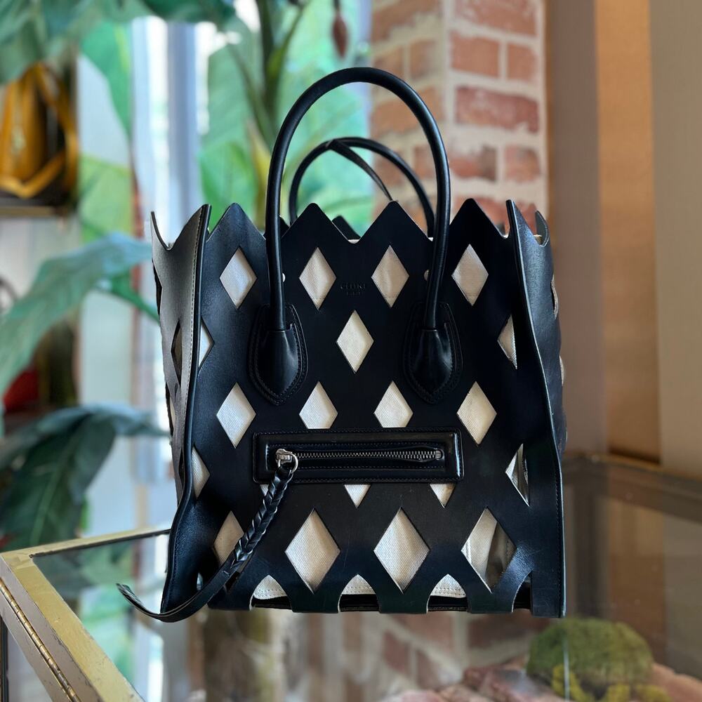 CELINE Medium Phantom Luggage Black Cut Out Calfskin Leather Tote Bag